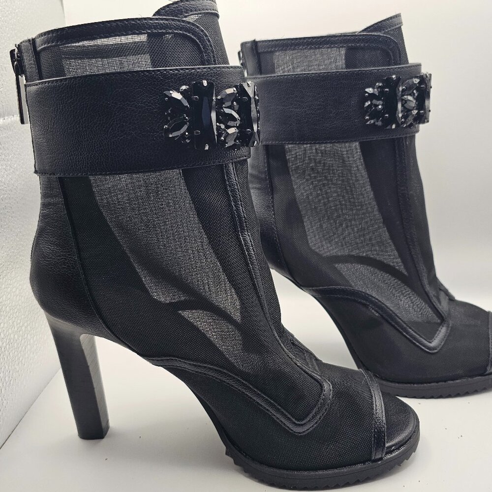 Karl Lagerfeld Mesh Peep Toe Jeweled Heel Booties – Size 8